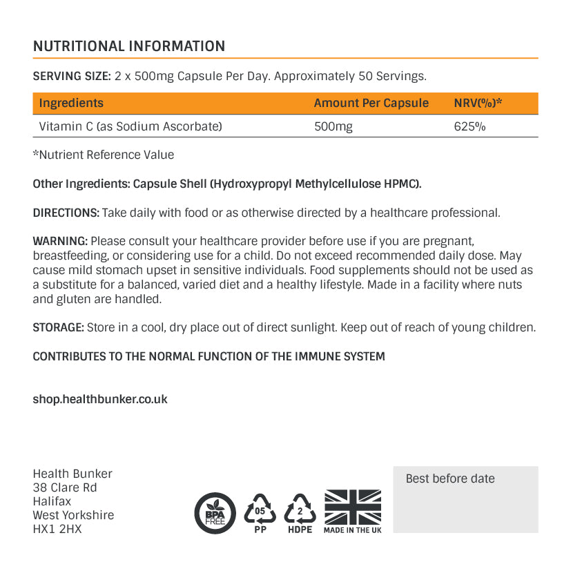 Sodium Ascorbate Buffered Vitamin C Capsules (100 Capsules)