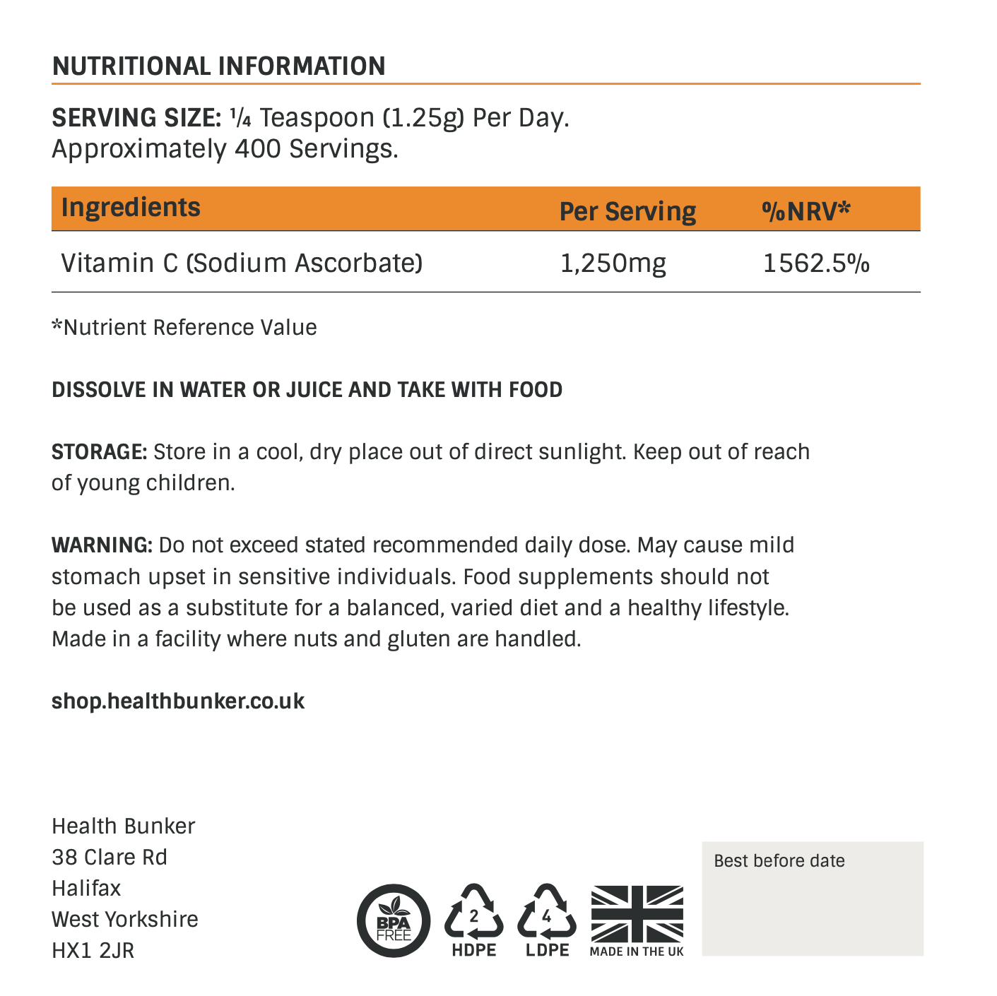 Sodium Ascorbate Buffered Vitamin C Powder 500g